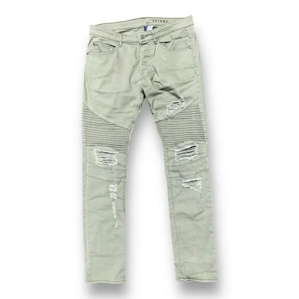 🦾 H&M Biker Skinny Jeans 🪖 Olive Green |‎ Size 32 | Ripped & Ready